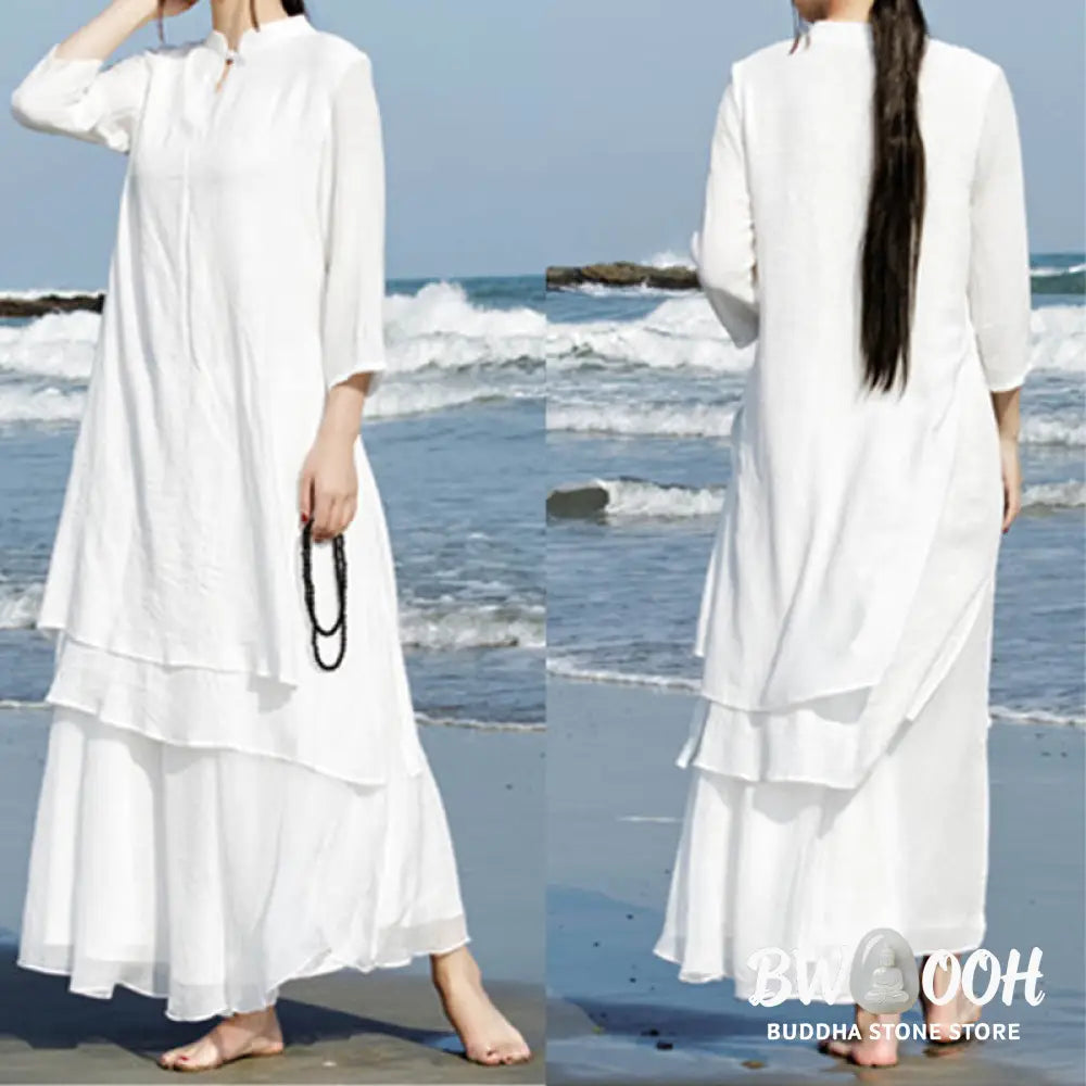 Buddha Stones 2Pcs White Tai Chi Meditation Yoga Zen Cotton Linen Clothing Top Pants Women’s Set - Clothes