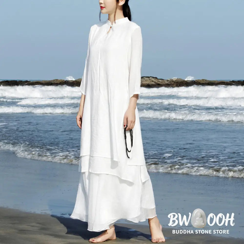 Buddha Stones 2Pcs White Tai Chi Meditation Yoga Zen Cotton Linen Clothing Top Pants Women’s Set - Clothes