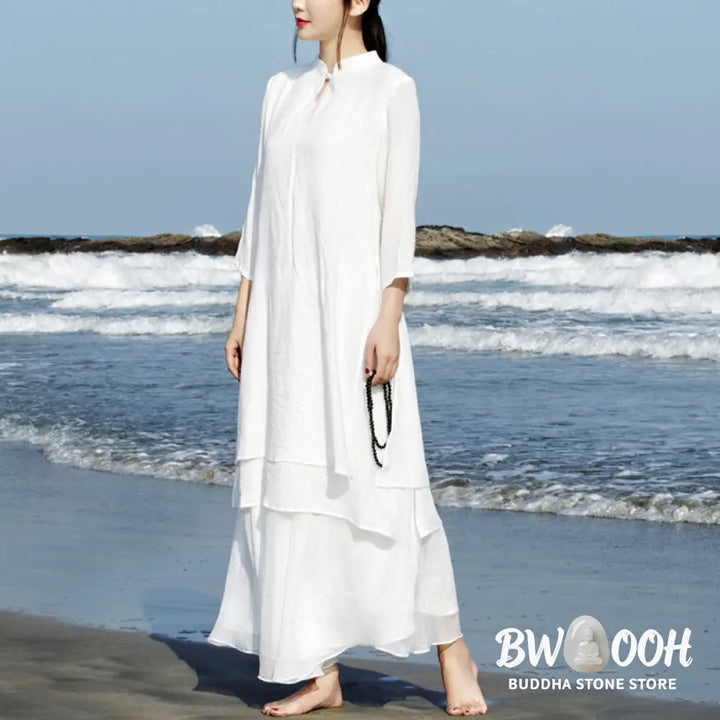 Buddha Stones 2Pcs White Tai Chi Meditation Yoga Zen Cotton Linen Clothing Top Pants Women’s Set - Clothes