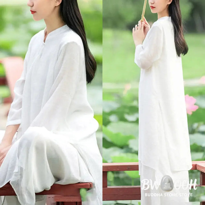 Buddha Stones 2Pcs White Tai Chi Meditation Yoga Zen Cotton Linen Clothing Top Pants Women’s Set - Clothes