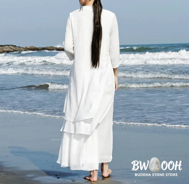 Buddha Stones 2Pcs White Tai Chi Meditation Yoga Zen Cotton Linen Clothing Top Pants Women’s Set - Clothes