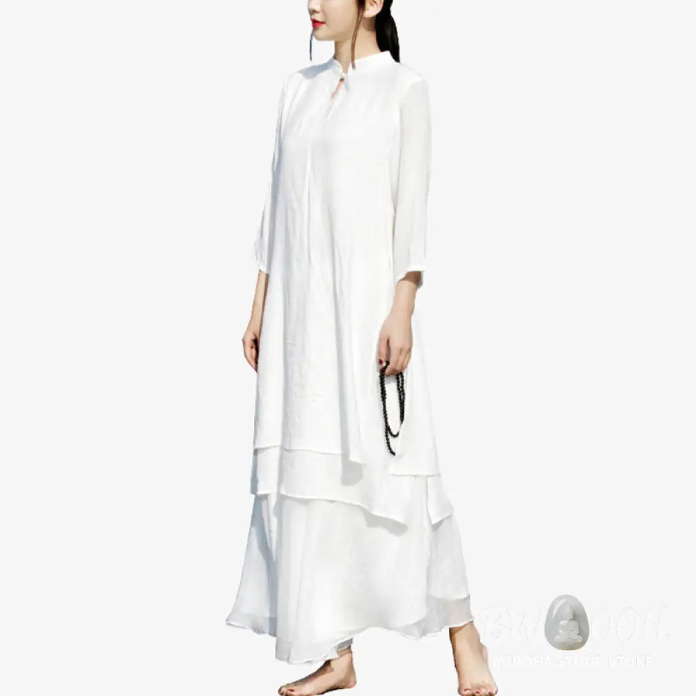 Buddha Stones 2Pcs White Tai Chi Meditation Yoga Zen Cotton Linen Clothing Top Pants Women’s Set - Clothes