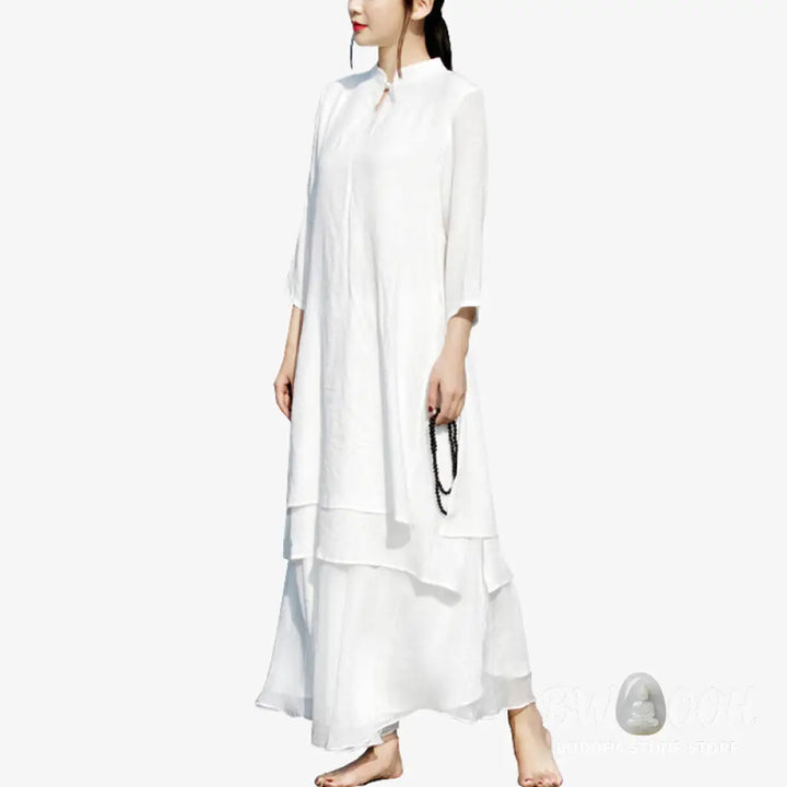 Buddha Stones 2Pcs White Tai Chi Meditation Yoga Zen Cotton Linen Clothing Top Pants Women’s Set - Clothes