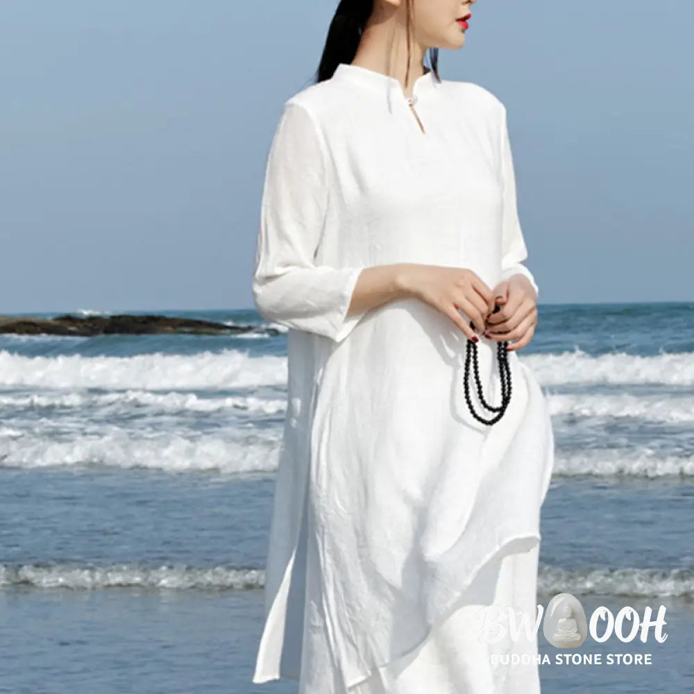 Buddha Stones 2Pcs White Tai Chi Meditation Yoga Zen Cotton Linen Clothing Top Pants Women’s Set - Clothes
