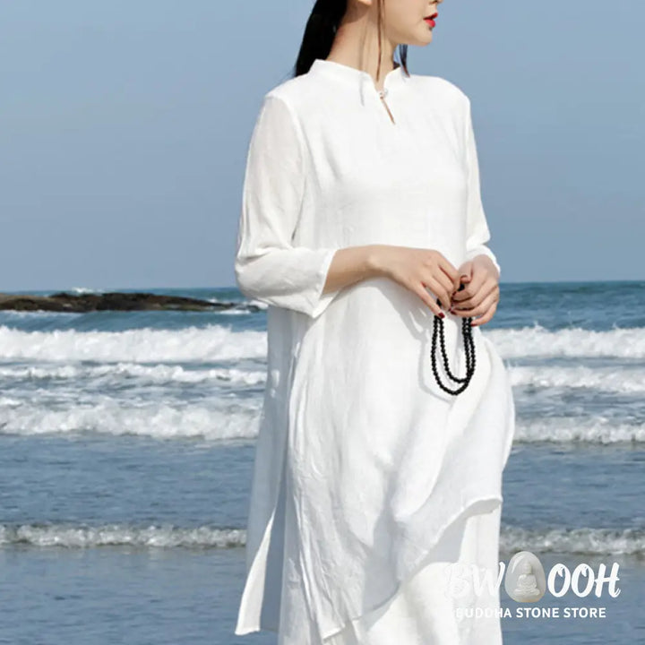 Buddha Stones 2Pcs White Tai Chi Meditation Yoga Zen Cotton Linen Clothing Top Pants Women’s Set - Clothes