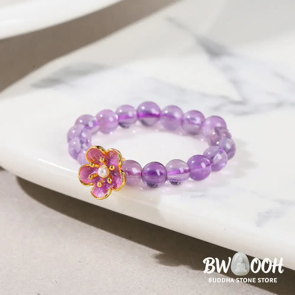 Buddha Stones 3mm Amethyst Peach Blossom Elastic String Ring - Amethyst(Elastic String) - Ring