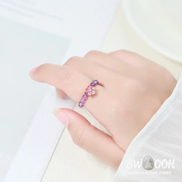 Buddha Stones 3mm Amethyst Peach Blossom Elastic String Ring - Amethyst(Elastic String) - Ring