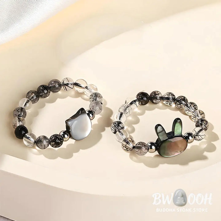 Buddha Stones 3mm Black Rutilated Quartz Tridacna Stone Rabbit Cat Ring - Ring
