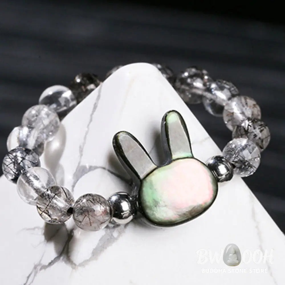 Buddha Stones 3mm Black Rutilated Quartz Tridacna Stone Rabbit Cat Ring - Ring