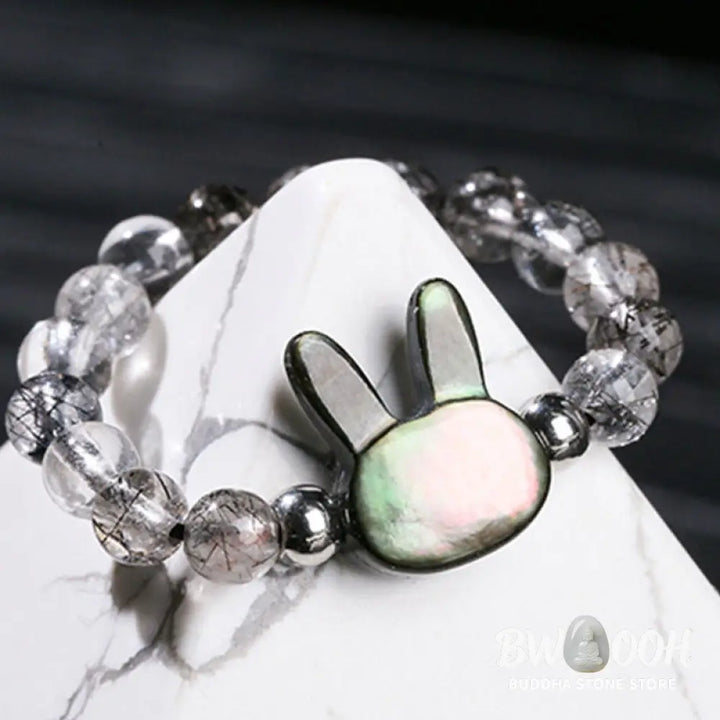 Buddha Stones 3mm Black Rutilated Quartz Tridacna Stone Rabbit Cat Ring - Ring