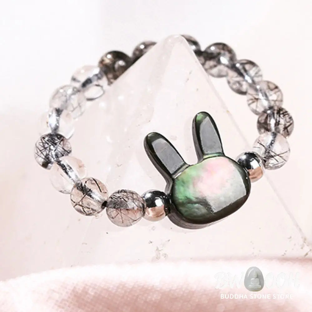Buddha Stones 3mm Black Rutilated Quartz Tridacna Stone Rabbit Cat Ring - Ring