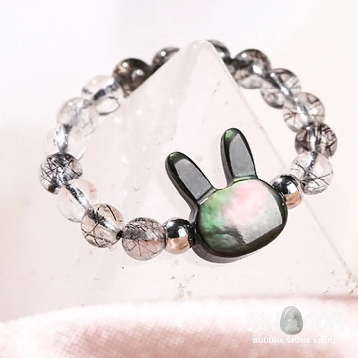 Buddha Stones 3mm Black Rutilated Quartz Tridacna Stone Rabbit Cat Ring - Ring