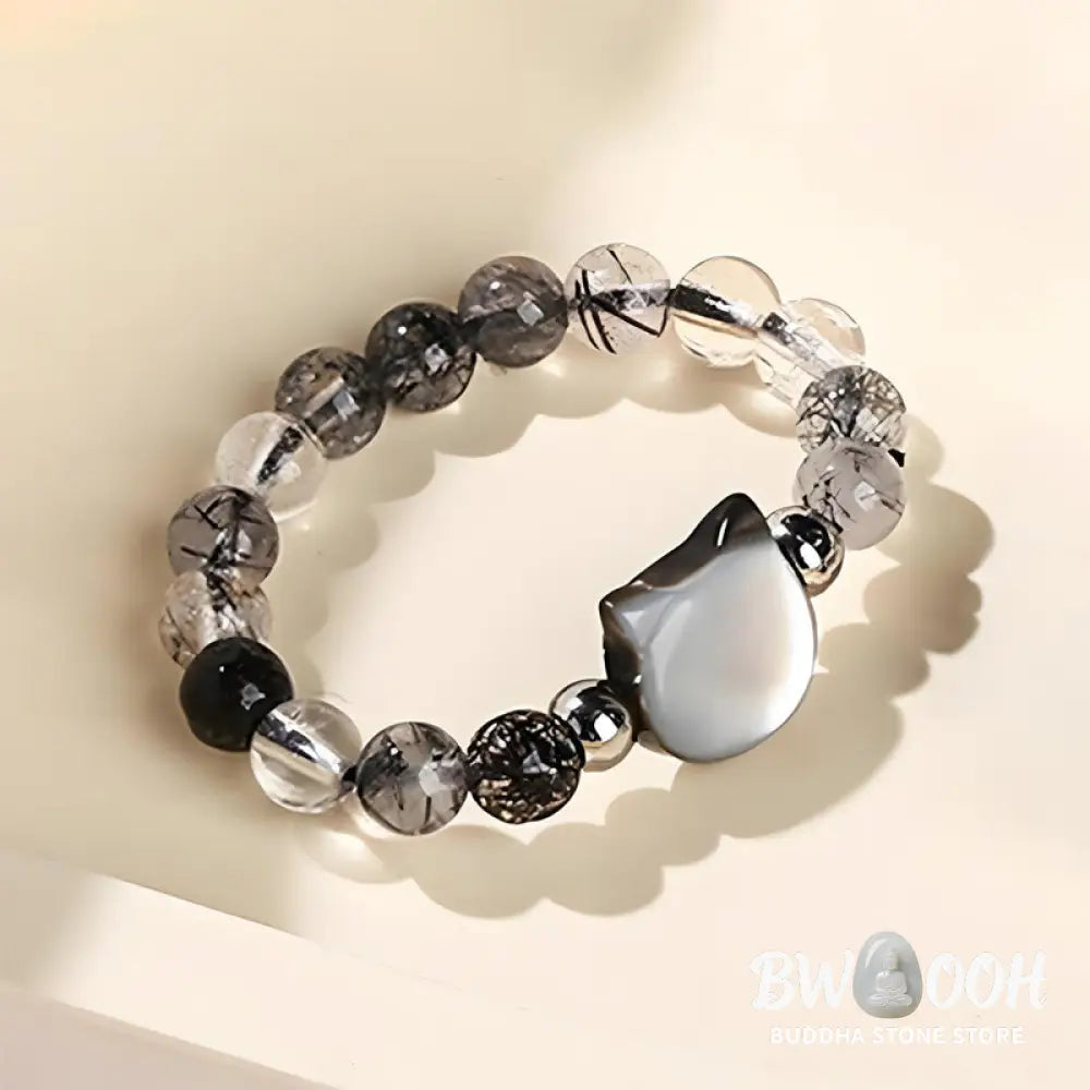 Buddha Stones 3mm Black Rutilated Quartz Tridacna Stone Rabbit Cat Ring - Ring