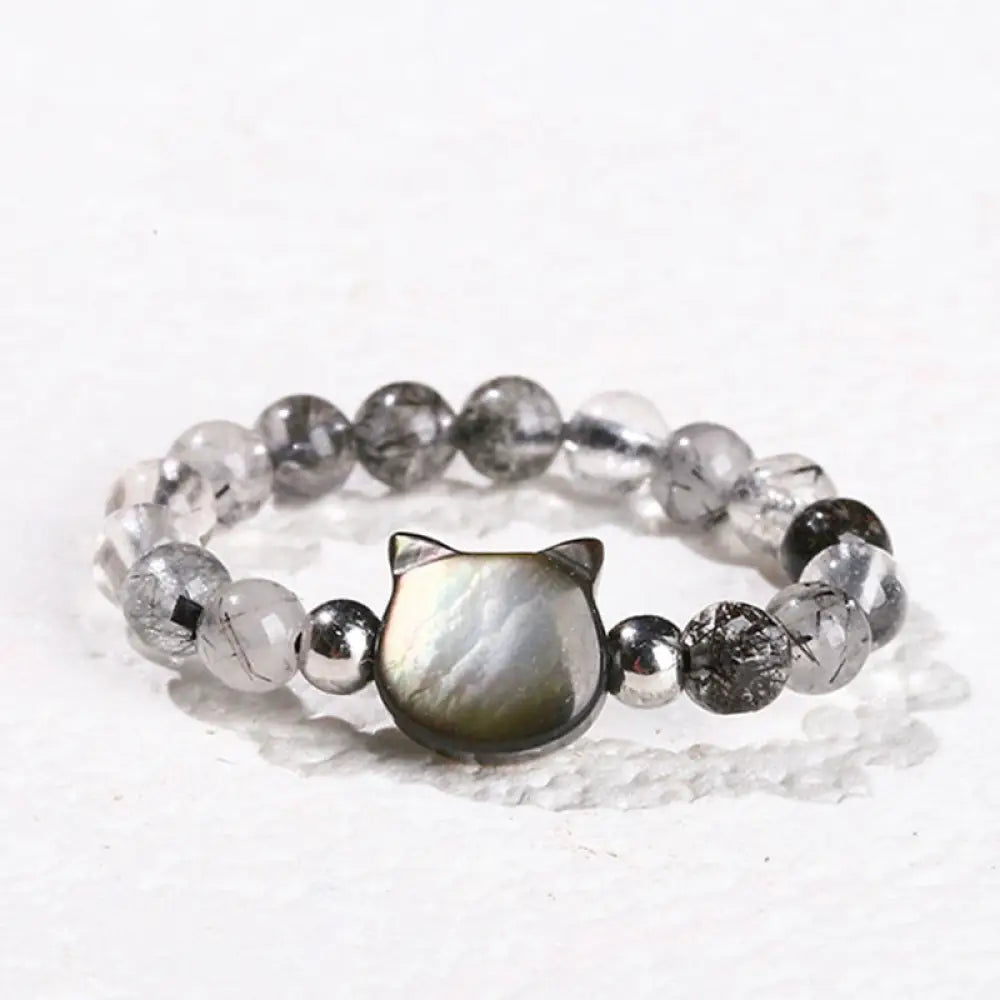 Buddha Stones 3mm Black Rutilated Quartz Tridacna Stone Rabbit Cat Ring - Cat(63mm Elastic String) - Ring
