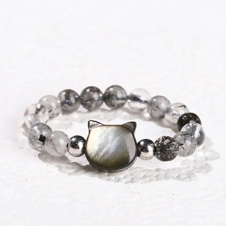 Buddha Stones 3mm Black Rutilated Quartz Tridacna Stone Rabbit Cat Ring - Cat(63mm Elastic String) - Ring