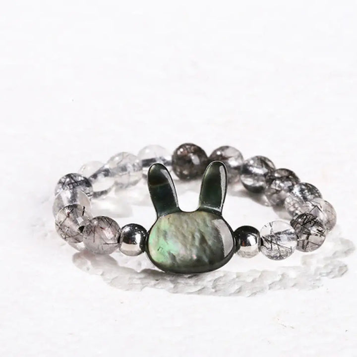 BWOOOH 3mm Black Rutilated Quartz Tridacna Stone Rabbit Cat Ring — Quartz crystal healing bracelet for spiritual healing a...