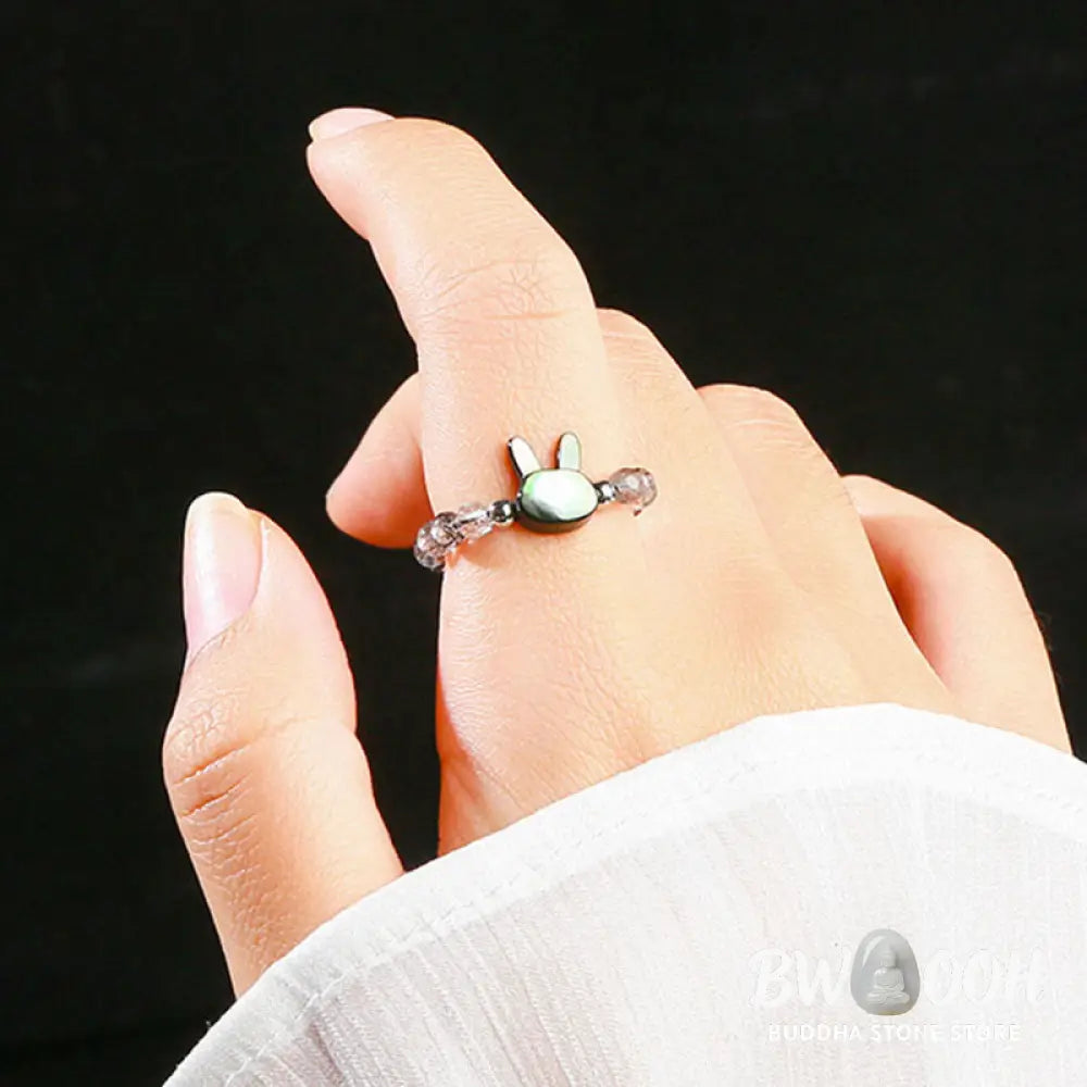 Buddha Stones 3mm Black Rutilated Quartz Tridacna Stone Rabbit Cat Ring - Ring