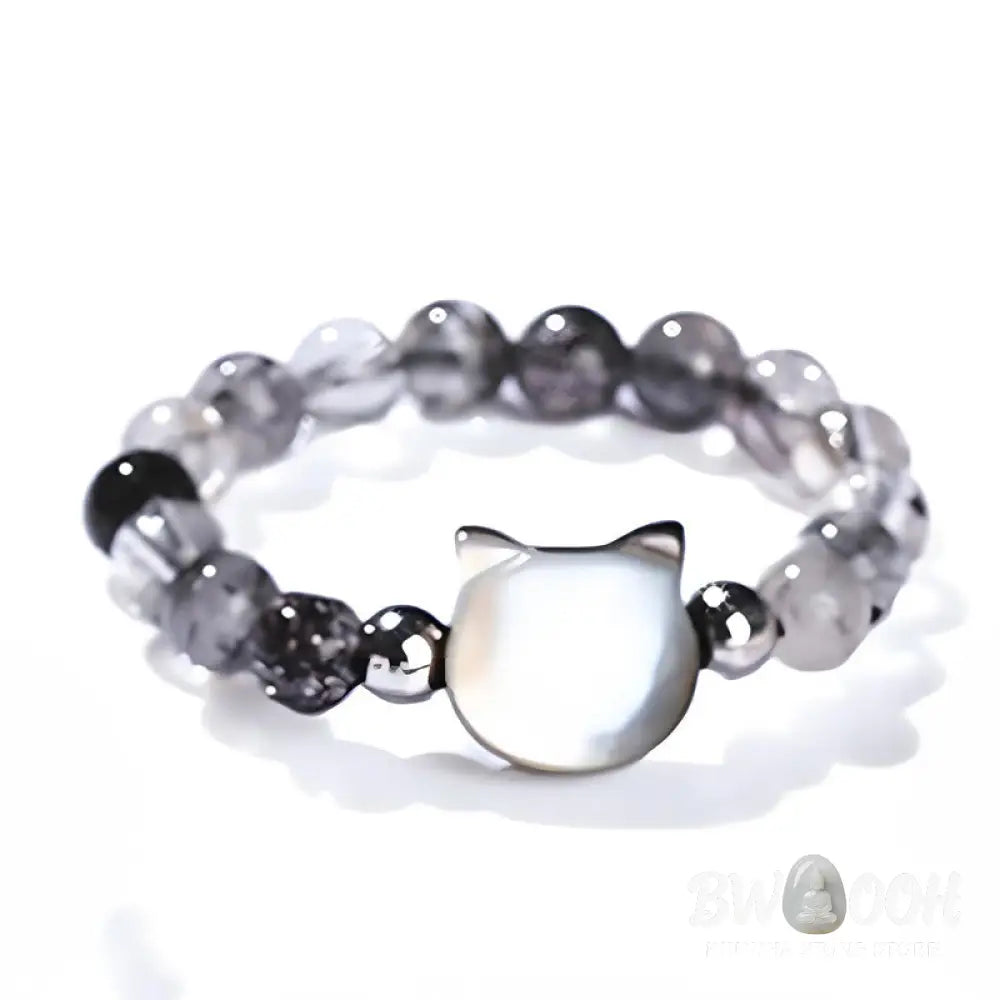 Buddha Stones 3mm Black Rutilated Quartz Tridacna Stone Rabbit Cat Ring - Ring