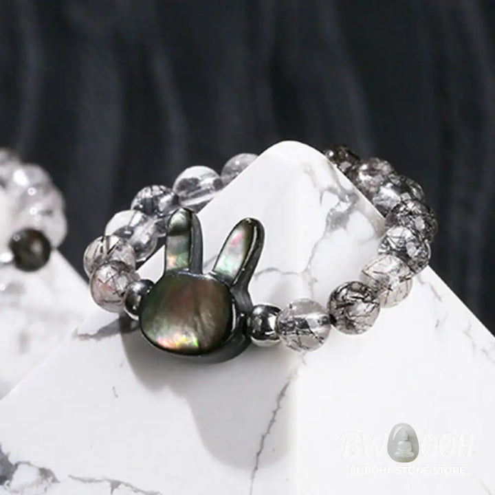Buddha Stones 3mm Black Rutilated Quartz Tridacna Stone Rabbit Cat Ring - Ring