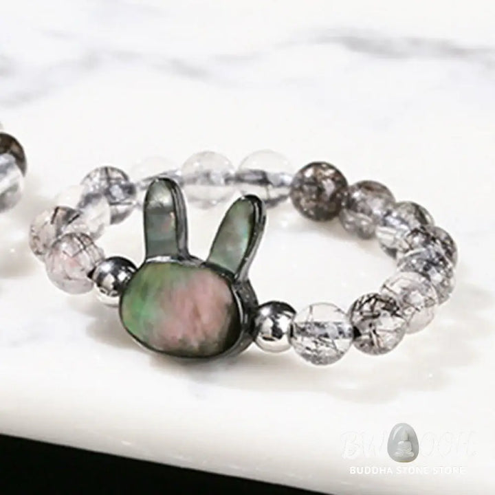 Buddha Stones 3mm Black Rutilated Quartz Tridacna Stone Rabbit Cat Ring - Ring