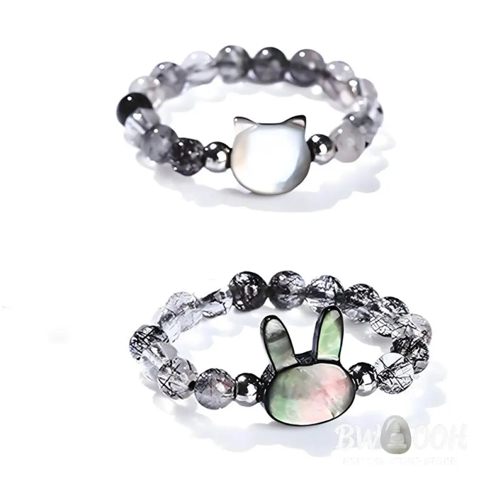 Buddha Stones 3mm Black Rutilated Quartz Tridacna Stone Rabbit Cat Ring - Ring