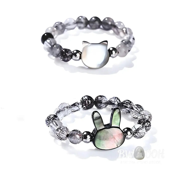 Buddha Stones 3mm Black Rutilated Quartz Tridacna Stone Rabbit Cat Ring - Ring