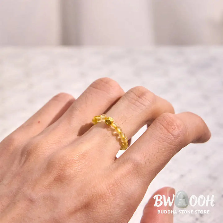 Buddha Stones 3mm Golden Rutilated Quartz Beads Wealth Elastic String Ring - Rutilated Quartz(Elastic String) - Ring