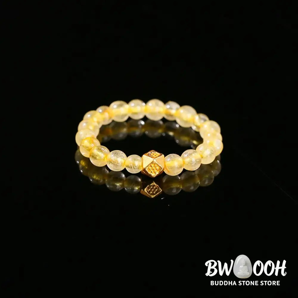 Buddha Stones 3mm Golden Rutilated Quartz Beads Wealth Elastic String Ring - Rutilated Quartz(Elastic String) - Ring