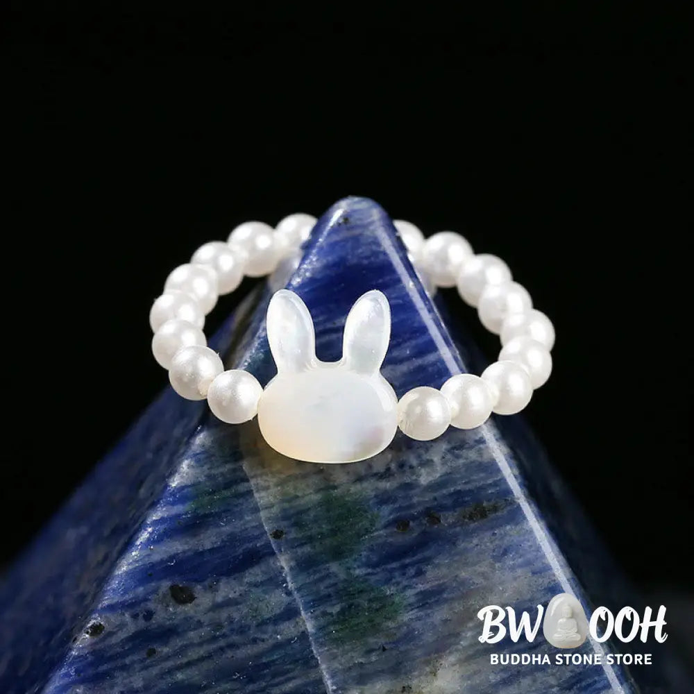 Buddha Stones 3mm Tridacna Stone Bead Rabbit Blessing Elastic Ring - Tridacna Stone(63mm Elastic String) - Ring