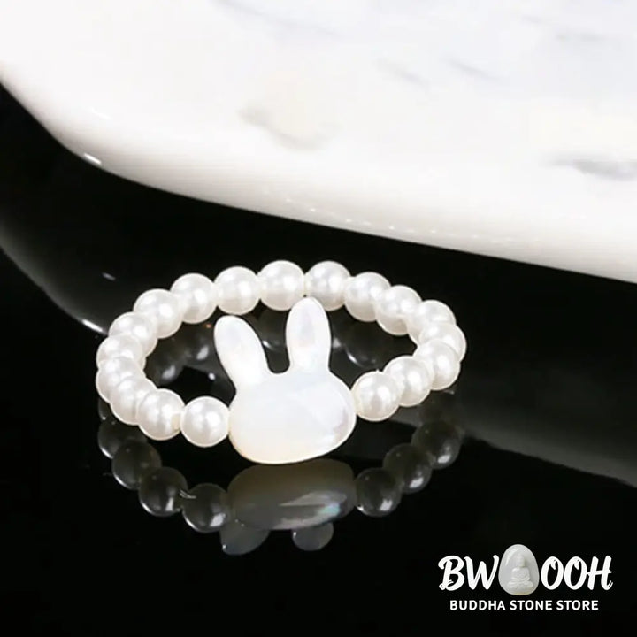Buddha Stones 3mm Tridacna Stone Bead Rabbit Blessing Elastic Ring - Tridacna Stone(63mm Elastic String) - Ring