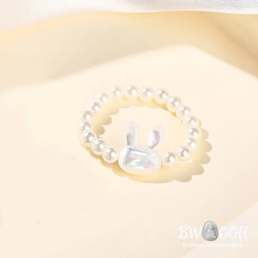 Buddha Stones 3mm Tridacna Stone Bead Rabbit Blessing Elastic Ring - Tridacna Stone(63mm Elastic String) - Ring
