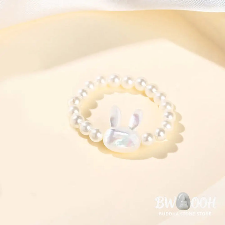 Buddha Stones 3mm Tridacna Stone Bead Rabbit Blessing Elastic Ring - Tridacna Stone(63mm Elastic String) - Ring