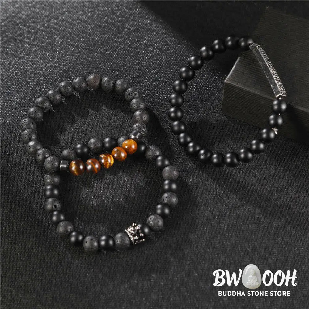 Buddha Stones 3Pcs Frosted Stone Lava Rock Tiger Eye Activate Bracelet - Frosted Stone&Lava Rock - Bracelet