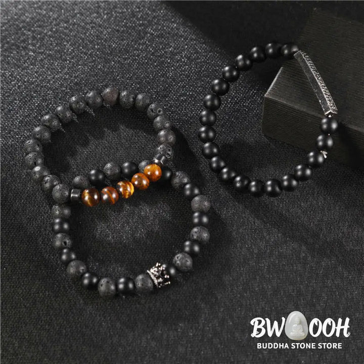 Buddha Stones 3Pcs Frosted Stone Lava Rock Tiger Eye Activate Bracelet - Frosted Stone&amp;Lava Rock - Bracelet