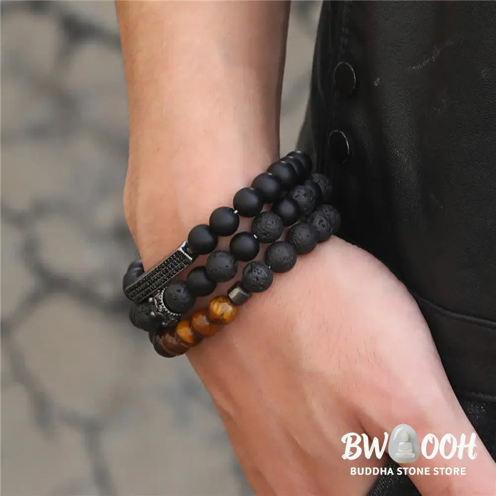 Buddha Stones 3Pcs Frosted Stone Lava Rock Tiger Eye Activate Bracelet - Frosted Stone&amp;Lava Rock - Bracelet