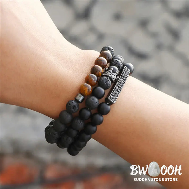 Buddha Stones 3Pcs Frosted Stone Lava Rock Tiger Eye Activate Bracelet - Frosted Stone&amp;Lava Rock - Bracelet