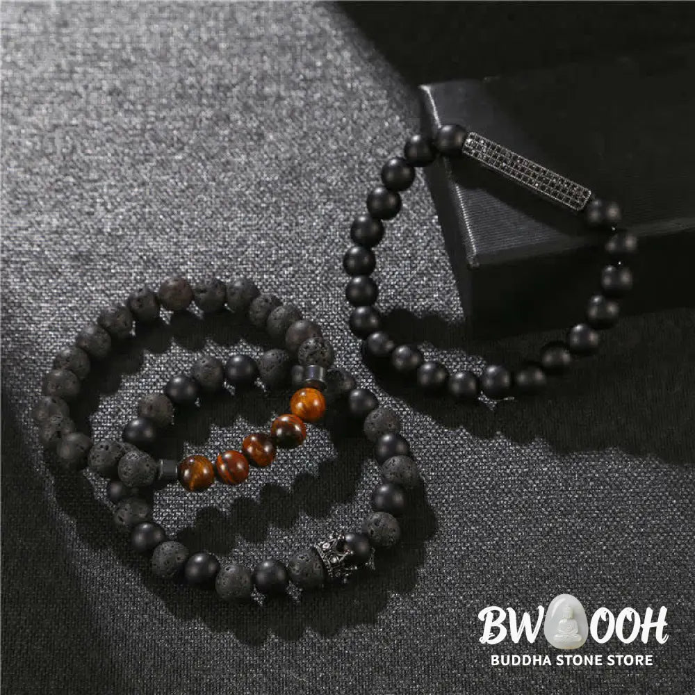 Buddha Stones 3Pcs Frosted Stone Lava Rock Tiger Eye Activate Bracelet - Frosted Stone&amp;Lava Rock - Bracelet