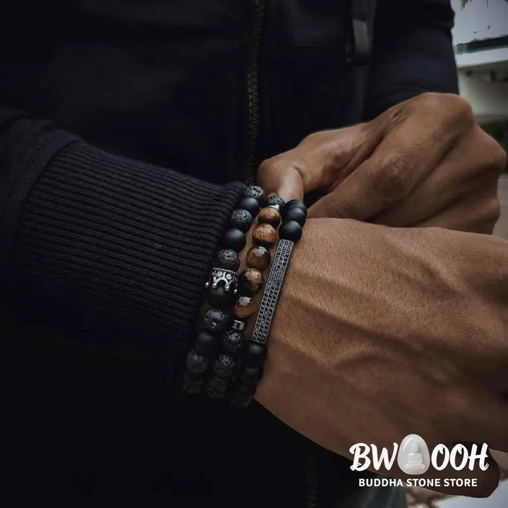 Buddha Stones 3Pcs Frosted Stone Lava Rock Tiger Eye Activate Bracelet - Frosted Stone&amp;Lava Rock - Bracelet
