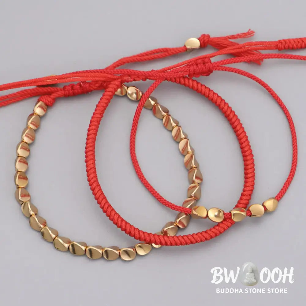 Buddha Stones 3Pcs Golden Copper Beads Red String Luck Bracelet - Red String(Wrist Circumference:16-26cm) - Bracelet