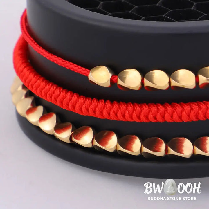 Buddha Stones 3Pcs Golden Copper Beads Red String Luck Bracelet - Red String(Wrist Circumference:16-26cm) - Bracelet