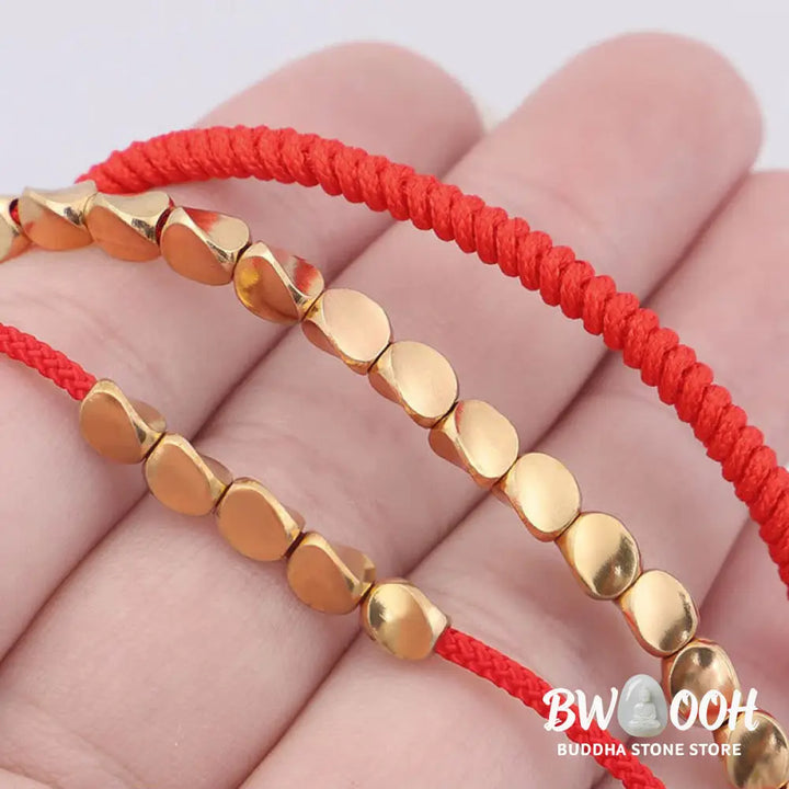 Buddha Stones 3Pcs Golden Copper Beads Red String Luck Bracelet - Red String(Wrist Circumference:16-26cm) - Bracelet