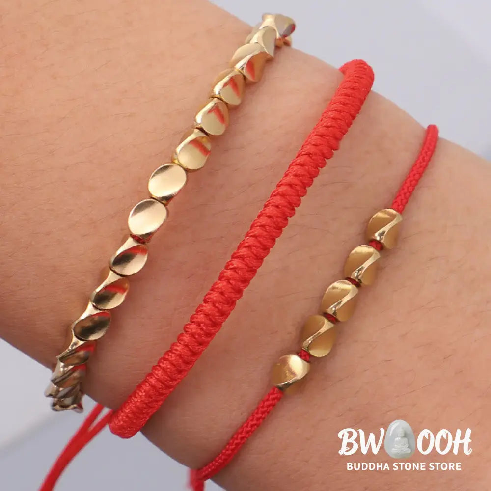 Buddha Stones 3Pcs Golden Copper Beads Red String Luck Bracelet - Red String(Wrist Circumference:16-26cm) - Bracelet