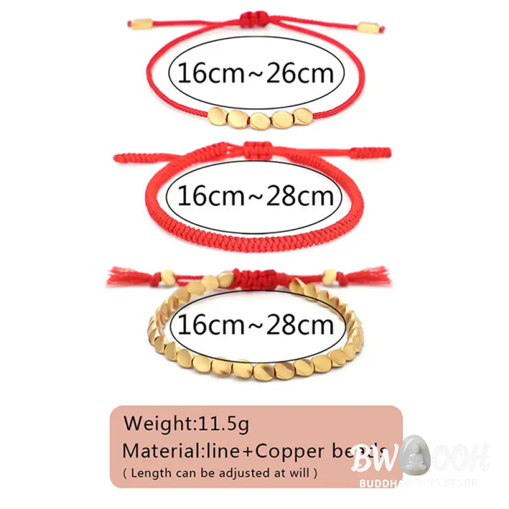 Buddha Stones 3Pcs Golden Copper Beads Red String Luck Bracelet - Red String(Wrist Circumference:16-26cm) - Bracelet