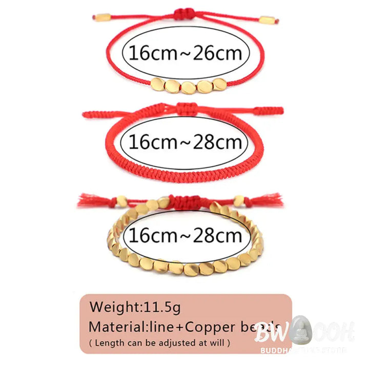 Buddha Stones 3Pcs Golden Copper Beads Red String Luck Bracelet - Red String(Wrist Circumference:16-26cm) - Bracelet