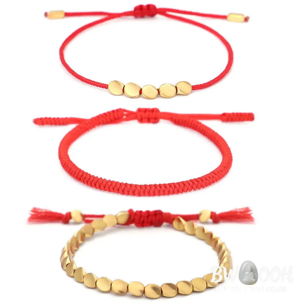 Buddha Stones 3Pcs Golden Copper Beads Red String Luck Bracelet - Red String(Wrist Circumference:16-26cm) - Bracelet