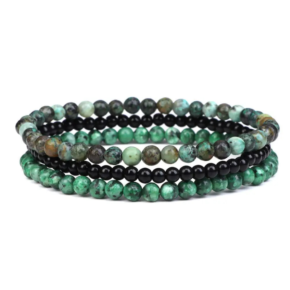Buddha Stones 3Pcs Natural Crystal Stone Inner Peace Spiritual Bracelet - BWOOOH - 4mm African Turquoise&amp;Black Glass