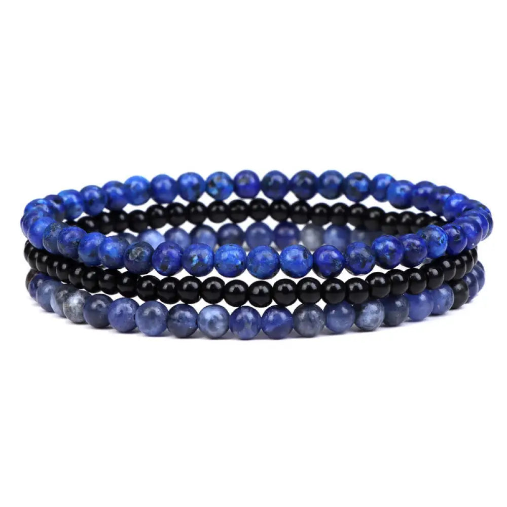 Buddha Stones 3Pcs Natural Crystal Stone Inner Peace Spiritual Bracelet - BWOOOH - 4mm Lazurite&amp;Black Glass