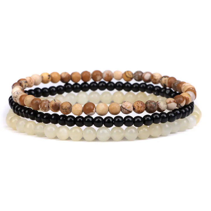 Buddha Stones 3Pcs Natural Crystal Stone Inner Peace Spiritual Bracelet - BWOOOH - 4mm Picture Jasper&amp;Black Glass