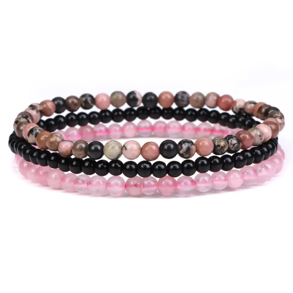 Buddha Stones 3Pcs Natural Crystal Stone Inner Peace Spiritual Bracelet - BWOOOH - 4mm Rhodonite&amp;Black Glass Beads&amp;Pink