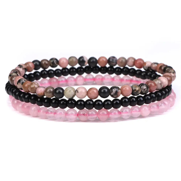 Buddha Stones 3Pcs Natural Crystal Stone Inner Peace Spiritual Bracelet - BWOOOH - 4mm Rhodonite&amp;Black Glass Beads&amp;Pink